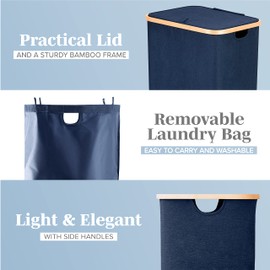 LONBET Laundry Basket with Lid, Made from Breathable Fabric | Aesthetic Clothes Hampers for Laundry with Side Handles & Sturdy Bamboo Frame (26 Gallons - Single, Blue)