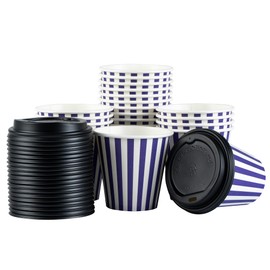 Restaurantware 8 Ounce Disposable Coffee Cups with Lids, 20 Hot Cups with Lids - Sleeves Sold Separately, Single Wall, Purple and White Stripe Paper Coffee Cups, for All Kinds of Beverages