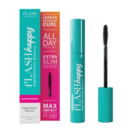 fLASH Happy High-Definition Mascara con cepillo de fibra ultrafino para alargamiento, volumen y rizo - Duración todo el día, fórmula vegana limpia,...