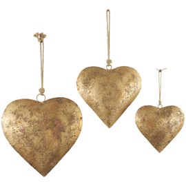 Deco 79 Metal Heart Decorative Bells Tibetan Inspired Weathered with Jute Hanging Rope, Set of 3 20", 17", 12"H, Gold
