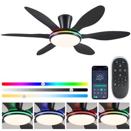 BayDay Ceiling Fans with Lights, Flush Mount Ceiling Fan Led Lights Quiet DC Dimmable 6 Blades (Black Fan, Led Light + Side RGB Light, 51 inch)