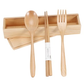 Wooden Tableware, 3PCS Japanese Style Wooden Cutlery Set with Case, Reusable Cutlery Set with 1 x Spoon, 1 x Fork, 1 x Chopsticks, Sushi Dinnerware Tableware for Family Travel