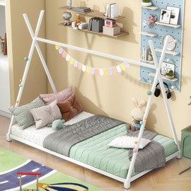 Harper & Bright Designs Metal Twin Size House Platform Bed Frame for Boys Girls Kids Adults Toddler with Triangle Structure, White