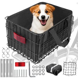 Foldable Bike Basket Rear Waterproof Steel Bicycle Cargo Basket/Removable Oxford Liner, Anti-Rust Coating for Commuting/Grocery Shopping/Pet Carrier, Fits Most Rear Racks