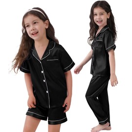SWOMOG Toddler Girls Boys 3pcs Silk Satin Pyjamas Set Baby Button-Down PJs Sets Loungewear Short Sleeve Sleepwear Black