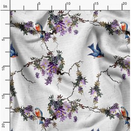 Soimoi White Poly Georgette Fabric Floral & Flowerpecker Bird Printed Fabric 1 Yard 52 Inch Wide