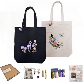 Speedura Embroidery Kit for Beginners – Dual Canvas Tote Bags with Floral Cross Stitch Patterns | Complete Needlepoint Set Includes Hoops, Threads & Step-by-Step Video Tutorial (Beige & Black Set)