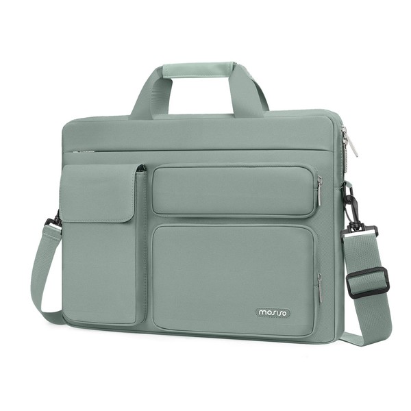 MOSISO Laptop Shoulder Messenger Bag Compatible with MacBook Air 15 inch M2 A2941 2023/Pro 16 2023-2019, 15-15.6 inch Notebook with 2 Raised&1 Flapover&1 Horizontal Pocket&Handle&Belt, Antique Green