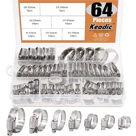 Keadic 64Pcs Adjustable [8 to 38mm] Diameter Range Fuel Line Clips Worm Gear Hose Clamp Assortment Kit for Various Pipes Automotive Mechanical Use - 304 Stainless Steel