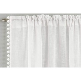 Tyrone Textiles Ltd Tahiti White Pom Pom Trim Linen Look Voile Panel (Drop - 72" (183cm))