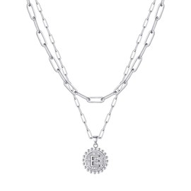 Silver Layered Necklaces for Women, Silver Paperclip Chain Necklaces Initial Coin Pendant Necklaces Layered Letter A-Z Initial Necklaces for Women Girls Jewelry Gifts, Brass, Cubic Zirconia