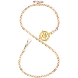 oyeaho Pocket Watch Albert Vest Chain Curb Link Chain with with T Bar 3 Hook Antique Plating Shield Fob Design for Men with Compass Gold