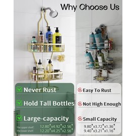 Shower Caddy Hanging Bathroom Organizer: Over Head Long Rack for Tall Showerhead - Extra Large Shelf for Big Shampoo Bottles with Soap Holder