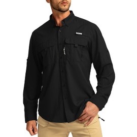 Men's Sun Protection Fishing Shirts Long Sleeve Travel Work Shirts for Men UPF50+ Button Down Shirts with Zipper Pockets(Black Small)