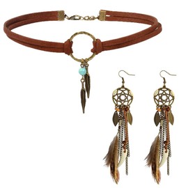 Western Necklace Earrings Set for Women Boho Feather Drop Dangle Earrings Leather Choker Necklace Bohemian Western Jewelry Gifts Accessories 2024