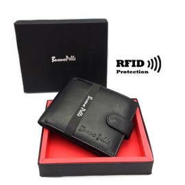 Buono Pelle RFID Blocking Mens Designer Genuine Real Soft Leather Wallet with Large Side Zip Coin Pocket/Pouch Gift Boxed