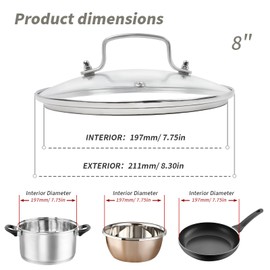 8" Tempered Glass Pan Lid with Steam Vent, Thickened to 4mm and Dishwasher Safe and Oven up to 480℉, Universal Lid Fit for Cast Iron Skillets, Frying Saute Pan, Cooking Pot