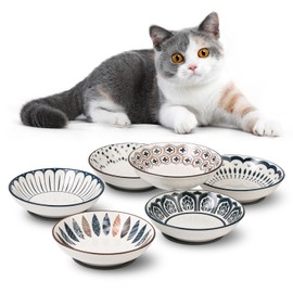 Small Ceramic Cat Food Bowl - Wide Shallow Cat Bowl with Non-Slip Mat - Whisker Friendly Cat Feeding Bowls - Japanese Style Cute Cat Dish - Cat Plates - Dishwasher Safe - Set of 6-8.5 oz（5.75 inch）