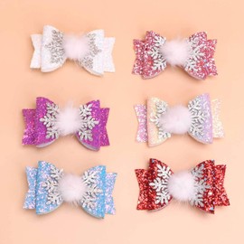 6PCS Christmas Hair Clips Christmas Hair Bows for Winter Christmas Hair Accessories, Colorful Princess Snowflake Bow Hair Clips For Girls Makeup (Colorful Snowflake 6Pcs)