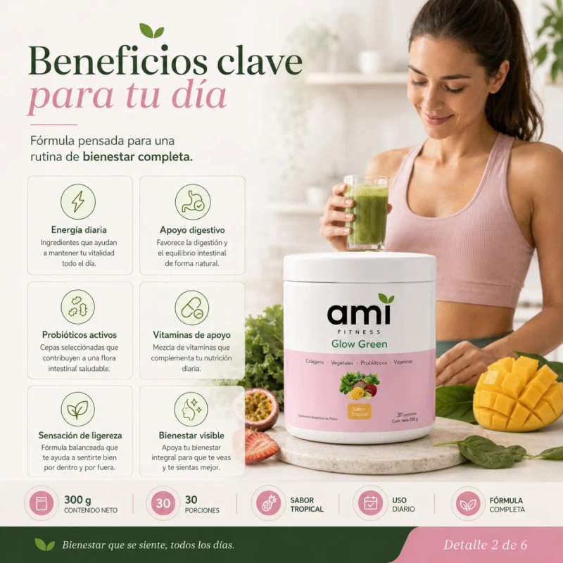 Ami Glow Green Colágeno Probióticos Fitness Mujer