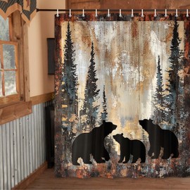Wathon Bear Shower Curtains Rustic Cabin Lodge Woodland Wildlife Bath Curtain with Pine Trees and Black Bear in The Woods, Animal Hunting Camo Bathroom Decor Set with Hooks 70X70IN Bear in Forest