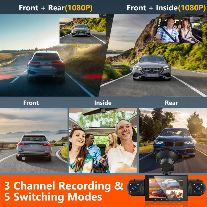 Podofo 360° Dash Cam Front and Rear Inside,4 Channel 3"
