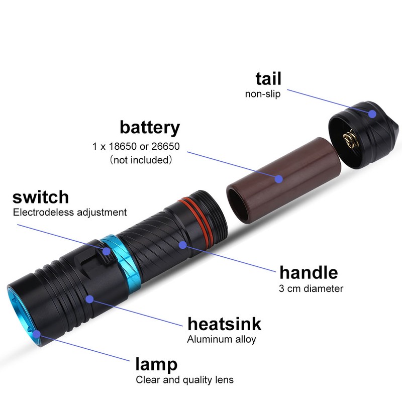 50m Outdoor Underwater Portable LED Torch Aluminium Alloy Waterproof Flahlight