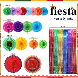 TaoBary 22 Pcs Mexican Party Decorations Set Mexican Banners Paper Flowers Fans Foil Fringe Curtains Backdrop Paper Pom Pom Fiesta Party Decorations for Cinco De Mayo Day of the Dead Decor