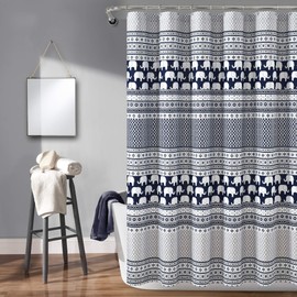 Lush Decor Elephant Stripe Shower Curtain - Fabric Geometric Animal Print Design, 72” x 72”, Navy
