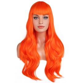 BERON Orange Wig Long Wavy Wig Bright Orange Wavy Wigs with Bangs for Women Daily Party and Cosplay Hairnet Include