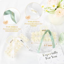 DEEKA Bridesmaid Gifts Set of 8 Bridesmaid Proposal Gift Pearl Bride Hair Clips with Ribbon Large Hair Clips Bachelorette Party Favors Bridal Party Present Gifts (Rectangle White&Sage Green)