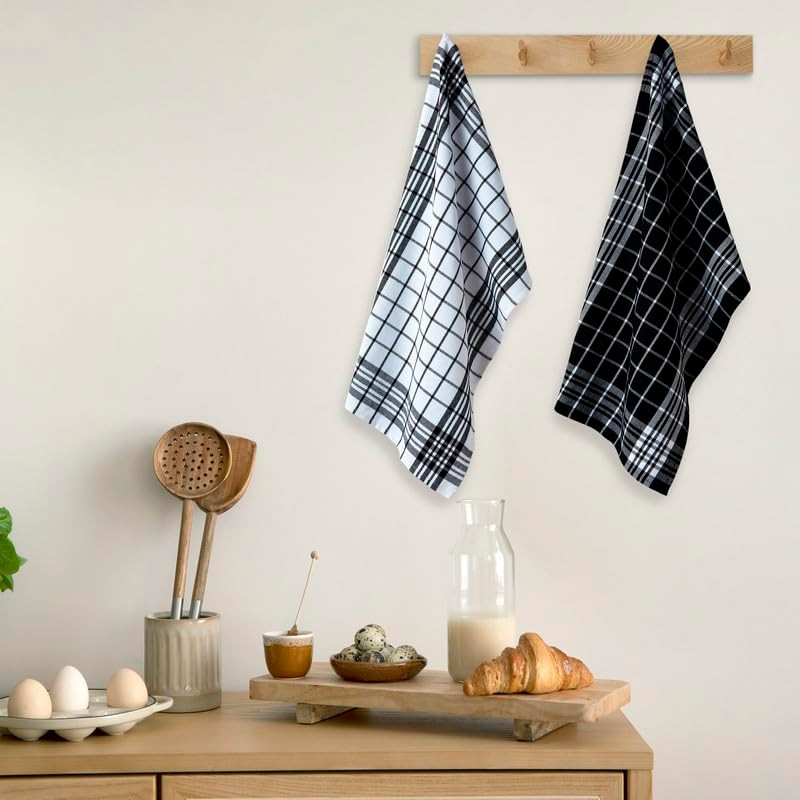 Encasa Checked Cotton Tea Towels Black Non-Terry Pack of 4,