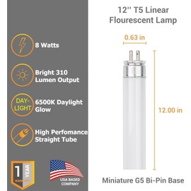 Diodesy- Pack of 10 F8T5/DL T5 Linear Fluorescent Light Bulb, Under Cabinet Light Bulbs, Daylight 6500K, 8W, Fluorescent Lamp, G5 Mini Bi Pin Base, ROHS Compliant, High Performance Straight Tube