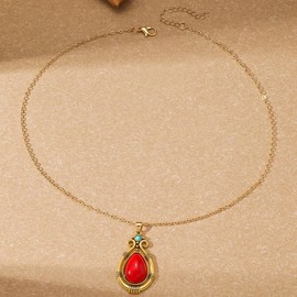 Vintage Red Gemstone Necklace Teardrop Turquoise Pendant Necklace Red Turquoise Choker Necklace Faux Coral Choker Necklace Gold Turquoise Stone Necklace Jewelry for Women and Girls (Gold, One size)