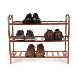 BambooMN 3-Tier Bamboo Wood Shoe Rack, for Entryway or Doorway - Brown Finish - Single Rack