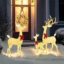 Outsunny 4.5ft 3-Piece Light Up Christmas Deer Family Set of 3, Lighted Reindeer Christmas Decorations with 283 LED Lights, Stakes, Zip Ties for Indoor, Outdoor, Yard, Lawn, Silver