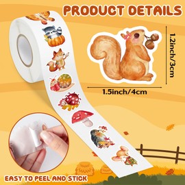 Haooryx Fall Animal Sticker Rolls - 1000p Autumn Watercolor Forest Animal Waterproof Vinyl Reusable Laptop Sticker Scrapbook Water Bottle Page Activity Pad Thanksgiving Birthday Party Favor Skateboard