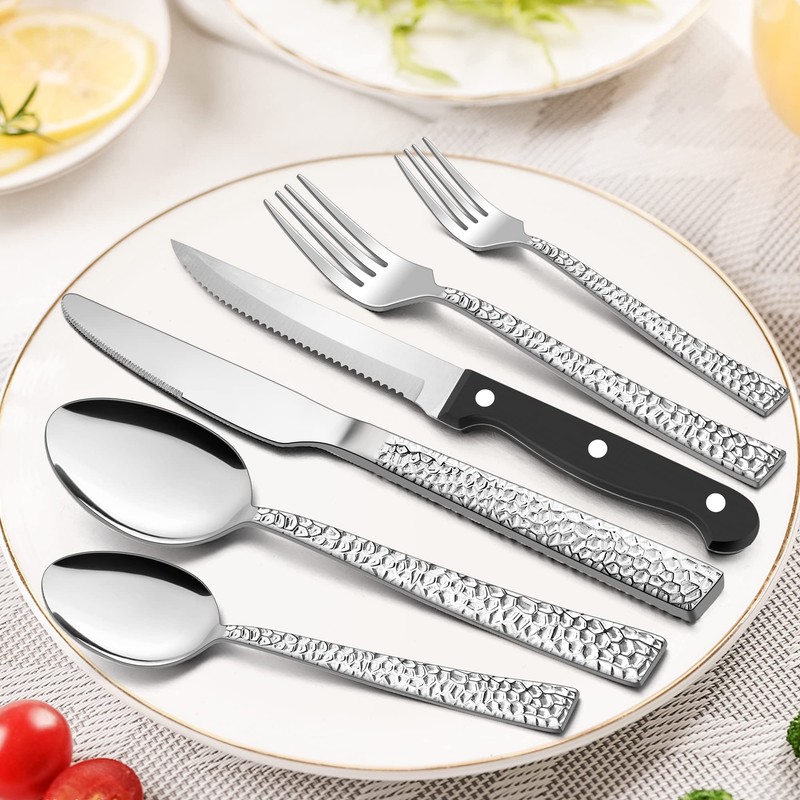 E-far 24-Piece Silverware Set with Steak Knives and Organizer, Hammered