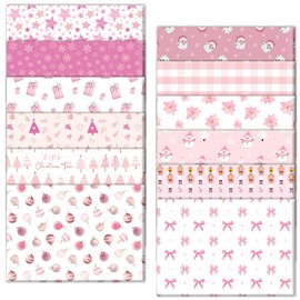 HunnmingRe 12 Pcs 18 x 22 Inch Christmas Fat Fabric Bundles Winter Xmas Tree Snowflake Deer Milk Fabric Bundles Pre Cut Square Sheet Quarters by The Yard for DIY Sewing Crafting (Pink,Santa)