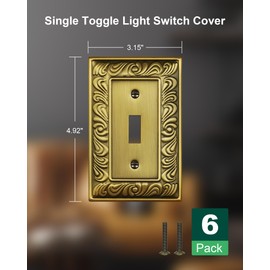 6-Pack Single Toggle Light Switch Cover Plate, Paisley Pattern Decorative Switch Plate Covers, Antique Brass 1 Gang Metal Wall Plate, Corrosion Resistant