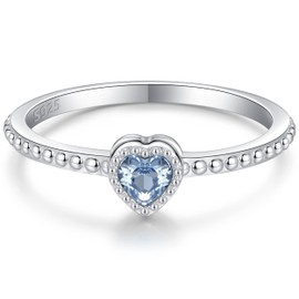 SOLOLIKE Stackable March Birthstone Rings for Women: S925 Sterling Silver March Stacking Ring Size 4 Birthstones Heart Rings for Mother Teens Daughter Friends Christmas Anniversary Birthday Jewelry Gifts