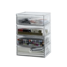 NINEWEEN Clear Drawer Organizers for Office, Plastic Storage Box for Art Supplies, Marker Pen, School Stationery, Colored Pencils, Kitchen Accessories, Stackable Bathroom Makeup Container, 4 Drawers