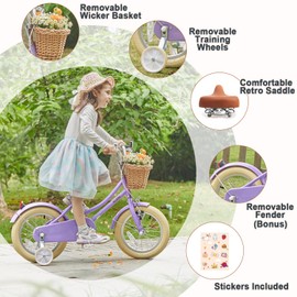 Glerc Little Molly 16 Inch Kids Bike, Retro Cruiser Girls Bike for Children Ages 4-7 Years Old, ‎Kids Bicycle with Wicker Basket & Training Wheels/Kickstand, Purple