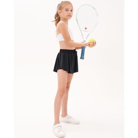 Stelle Girls Flowy Shorts with Pockets Athletic Running Skirt High Waist Butterfly 2 in 1 Sports Short 5-16 Years(Black,XXL)