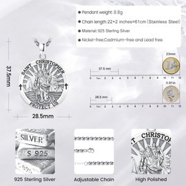Eusense Saint Christopher Necklace 925 Silver Saint Christopher Pendant Saint Christopher Protect Us Medal Patron Saint Jewellery Religious Amulet Gifts for Men Women, Sterling Silver, No Gemstone
