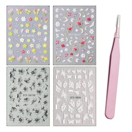 Nurila 3D Nagelsticker, 4 Blatt Nagelaufkleber Blumen Schmetterling 5d Stereoskopisch Nagelsticker Selbstklebend Inklusive Pinzette, Für Frauen Und Mädchen Nail Art Sticker Dekoration Nageldesign Zube