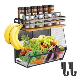 Magnetic Shelf for Fridge with Wood Lid, Extra-Large Capacity Magnetic Spice Rack for Refrigerator Kitchen Storage Bin for Fruit, Onion, Potatoes, Storage Organizer for Counter & Cabinet, Mesh Basket