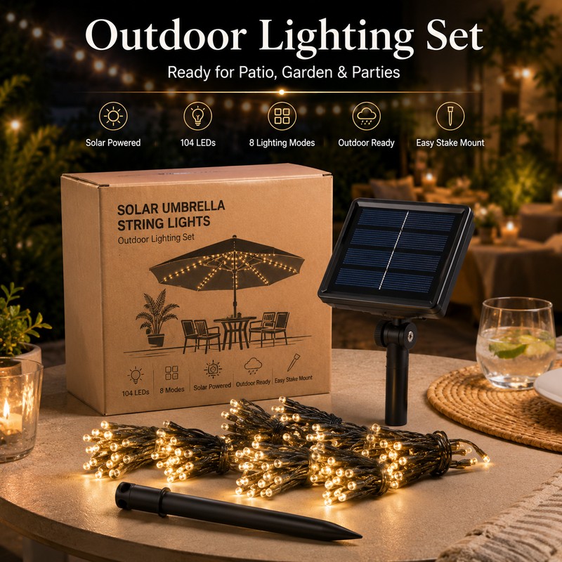 Solar Umbrella String Lights for Outdoor Décor – 104 LED