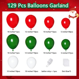 Red Green and White Balloons Garland Arch Kit, 129pcs Red Green Christmas Balloons Arch, Christmas Balloons Different Size for Christmas Party Decorations