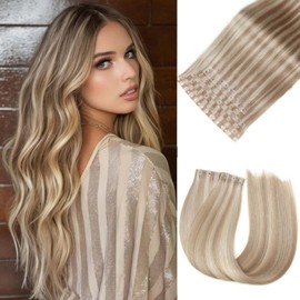 Remy Human Hair Extensions 18/613 Highlight Invisible Hole Weft Human Hair Extensions Micro Ring PU Hair Extension Tape in Hair Extension Glueless Skin Weft Extension for Women (70g 8Pcs,20 Inch)